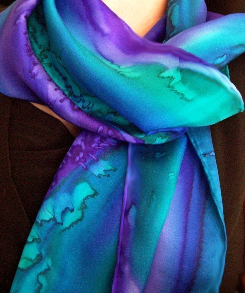 Silk Scarf Hand Painted in Amethyst and Emerald
