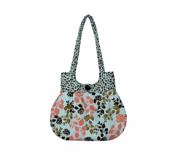 Handbag Everyday Purse Pale Blue Coral Brown Fabric