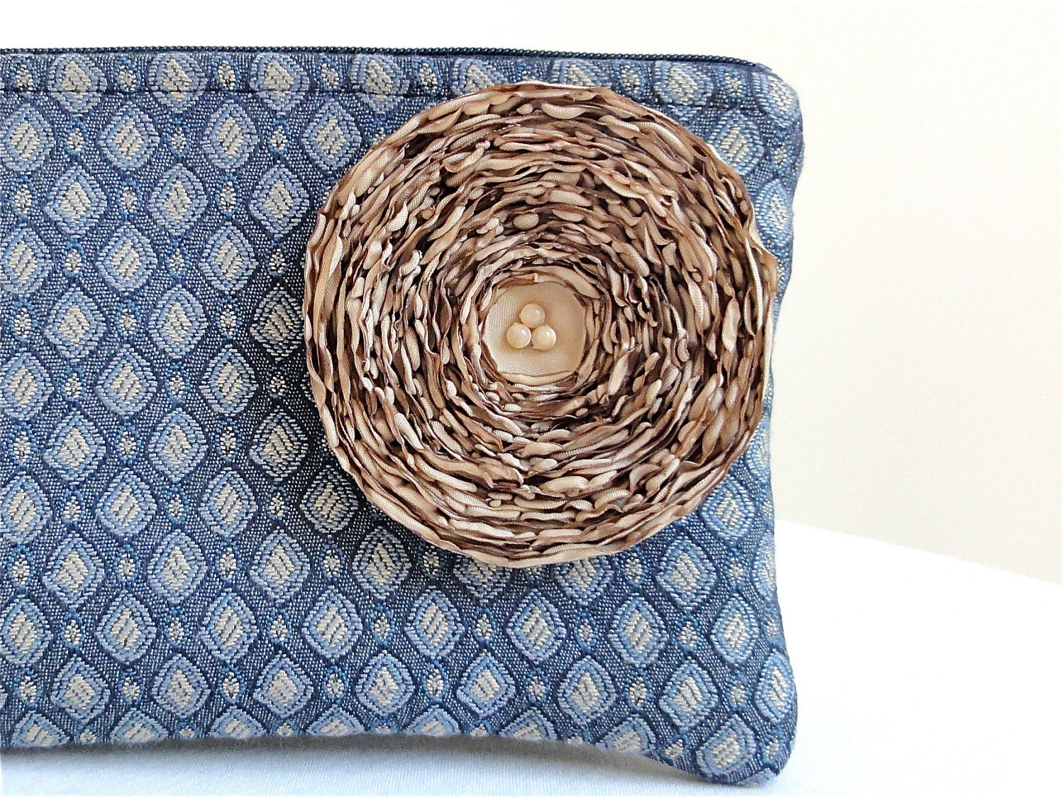 Clutch Navy Blue / Khaki - Handmade Khaki Flower