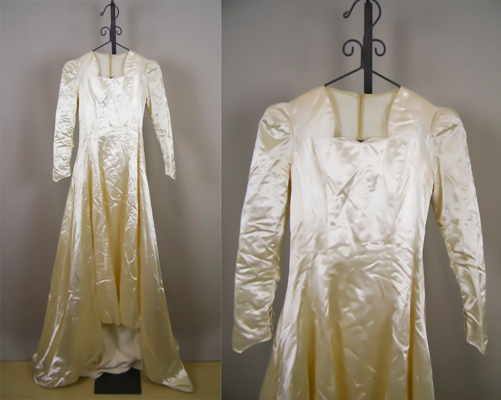 Vintage 1940s Wedding Dress: Early 40s Wedding Gown / Antique White Satin
