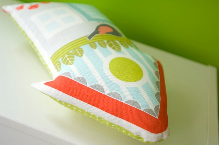 decorative house pillow printed in high quality cotton fabric in red, light blue and green with little bird