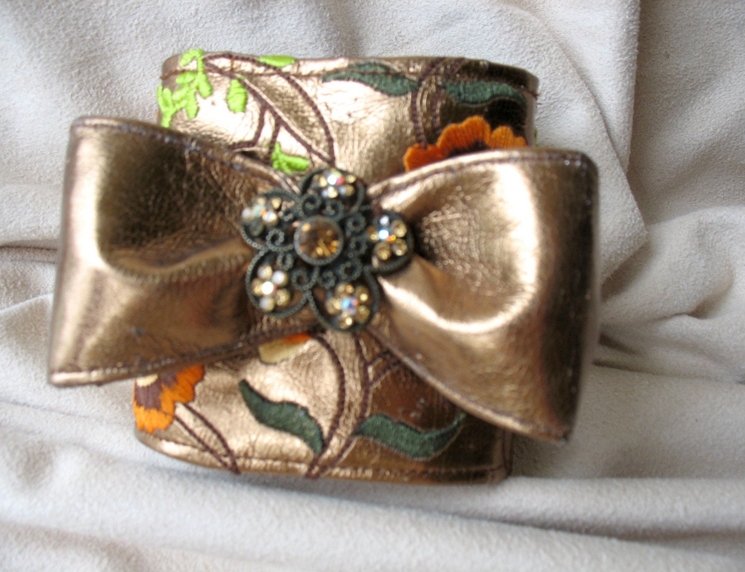 Bronze Faux Leather Bow Cuff with Embroidery by MaggieGlynn
