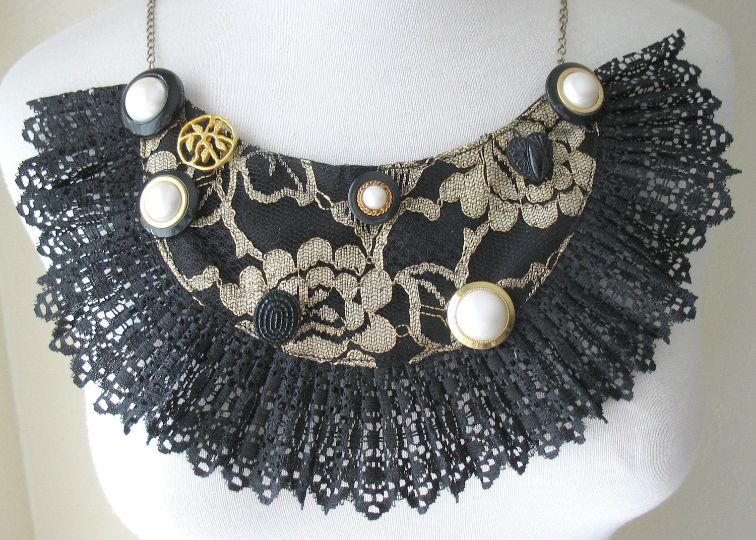 BLACK GOLD LACE Bib Necklace with Vintage Buttons by MaggieGlynn