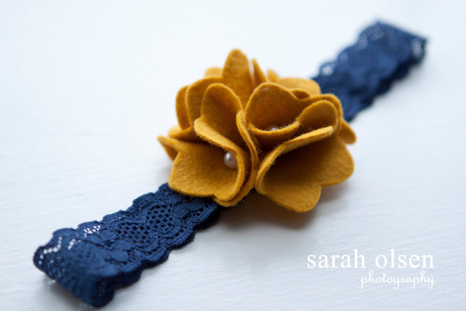 Mustard Yellow Felt Flower with Navy Blue Lace Headband