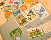 Over 50 Vintage POSTAGE Stamps in a canceled Envelope for assemblage collage art jewelry