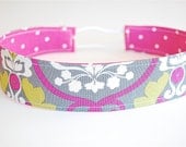 GIRLS SIZE - Ready to Ship Fabric Reversible Headband - Pickled Pink Damask with Hot Pink Polka Dots