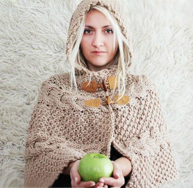 Hand Knitted Hooded Poncho- Beige
