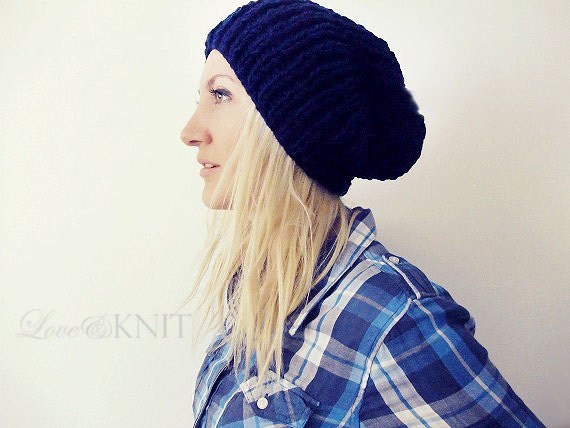Womens Hand Knit Navy Slouchy Hat