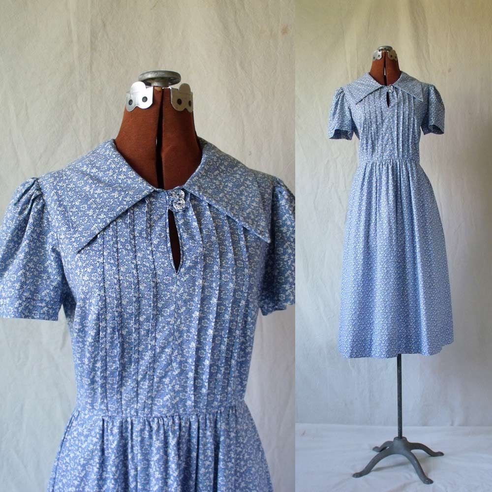 Vintage 80s does 30s Blue, White, Floral Day Dress, Sz Med, Lg, Puff Sleeves, Great Depression Style, Mid-Calf, Ballet Length