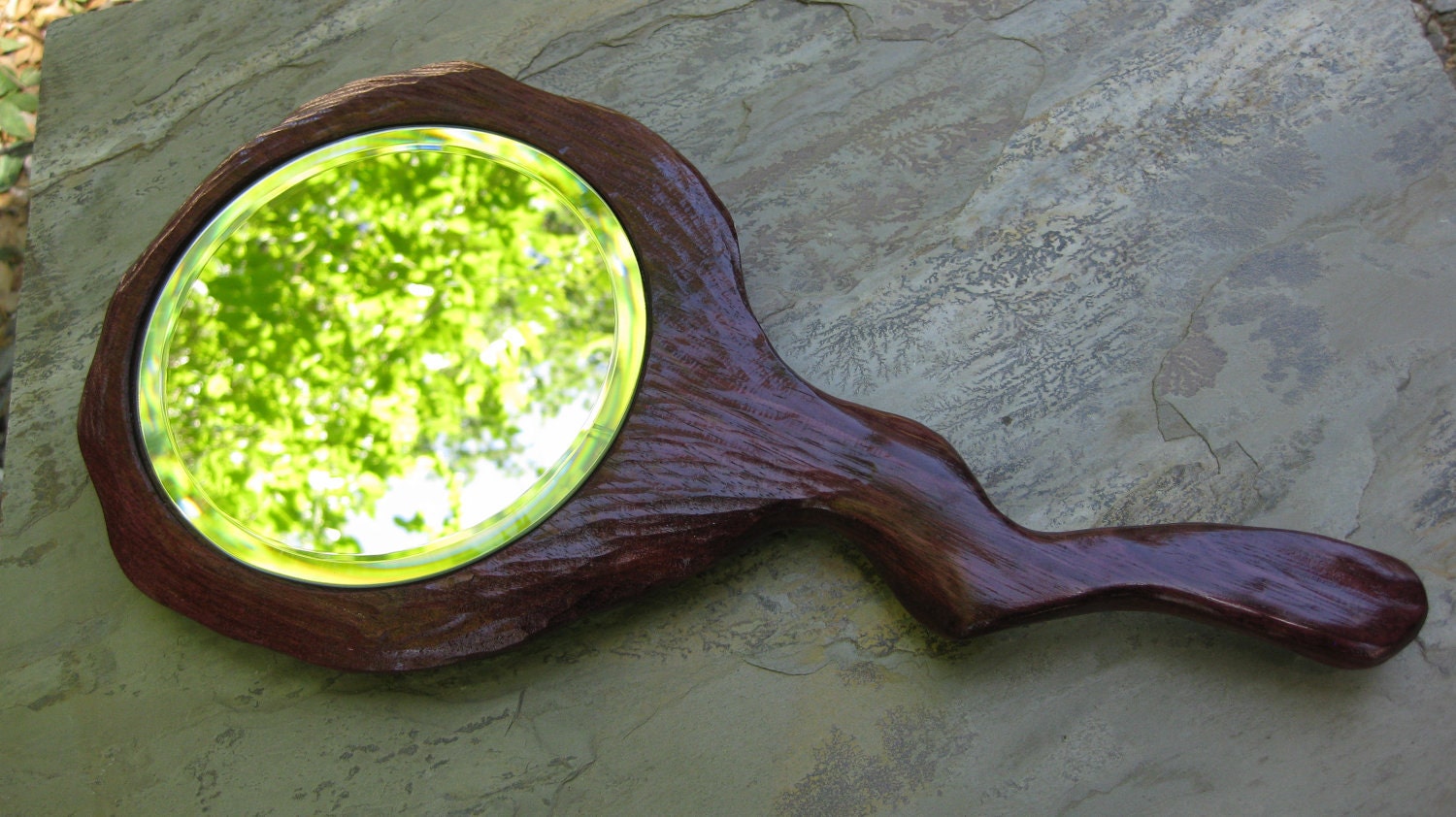Hand Mirror Rustic Sculpted Purpleheart Wood One of a Kind  FREE Shipping