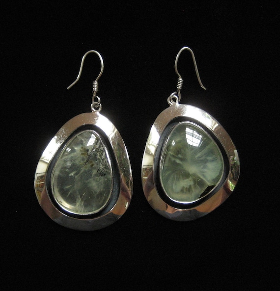 Sterling Moss Agate Earrings, Signed OSCAR'S, Large