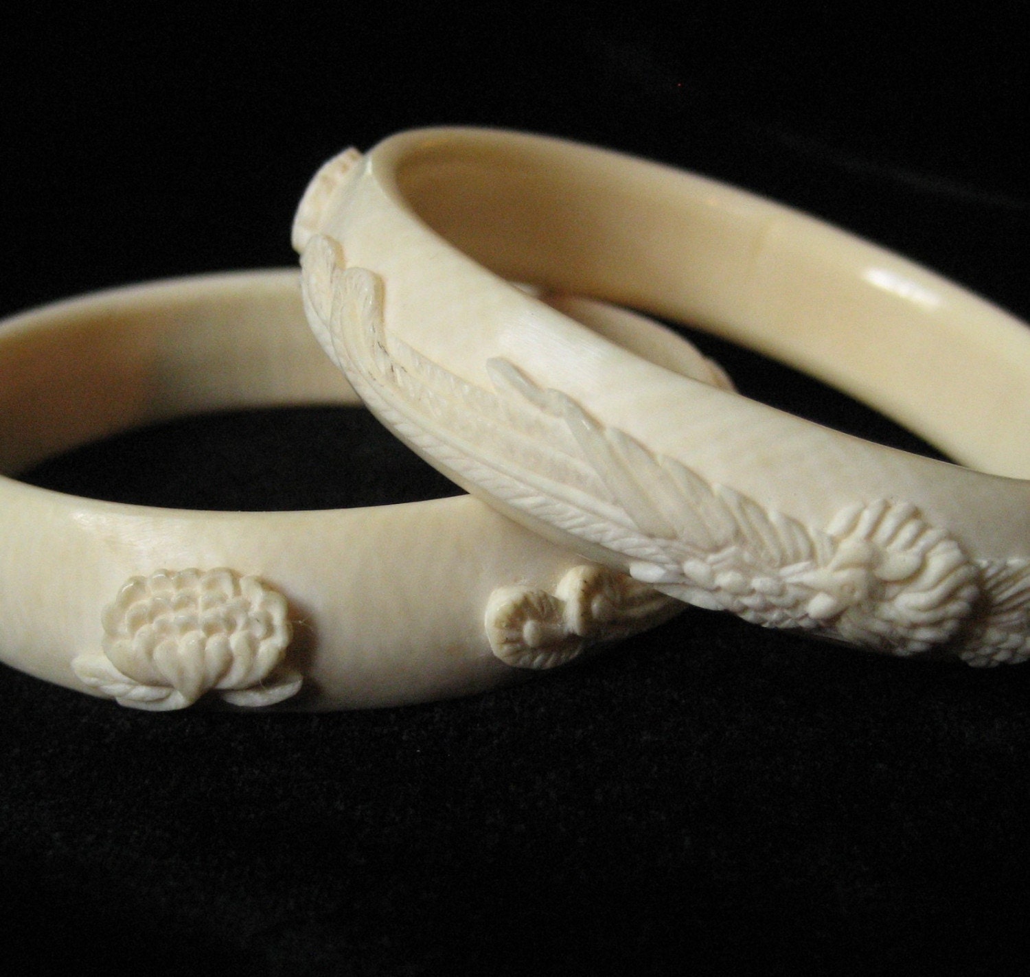 Pair of Carved Pre Ban Ivory Bangles with Phoenix' and Lotus Flowers