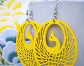 Yellow Peacock Oval Wood Earrings