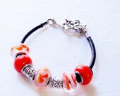Bracelet-Orange Pandora Style Bracelets- large Hole Lamp work Bead ed Bracelets,-Pandora Bracelets- Orange Flower Bracelet- OOAK By KMGEMS
