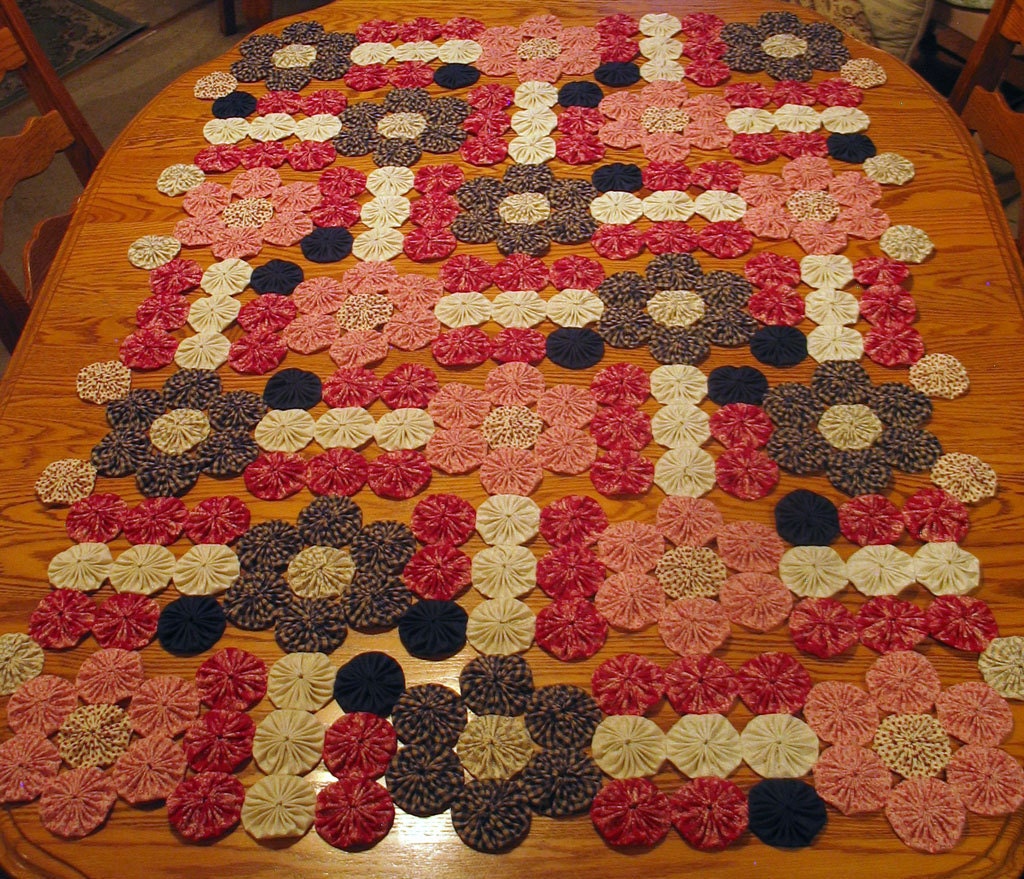 Americana Country Red, White, Blue Gingham & Calicos Yo Yo Quilt Throw