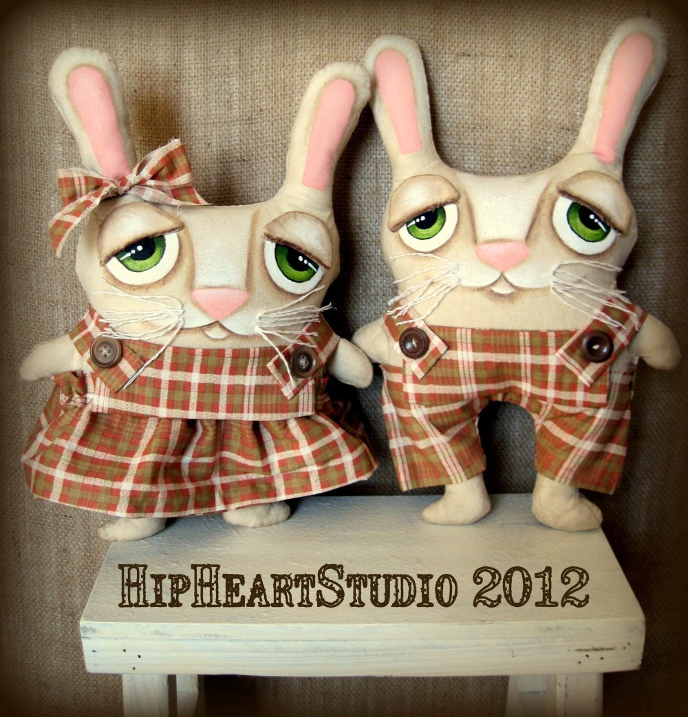 Spring bunnies rabbits easter primitive ooak folk art doll set by Lori Ramotar of Hip Heart Studio