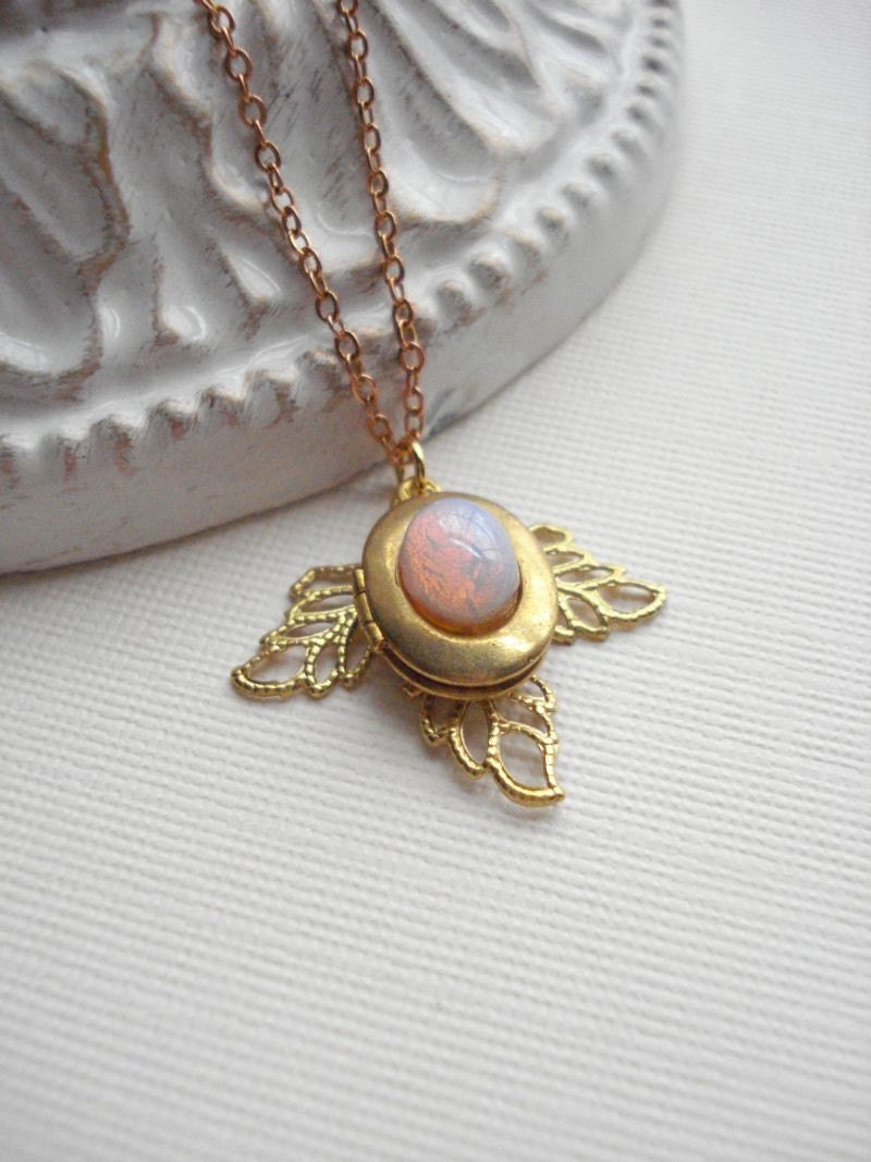 Locket Fire Opal Oval Necklace, Gold, Pink, Angel Wings Pendant, Gift For Her Under 25