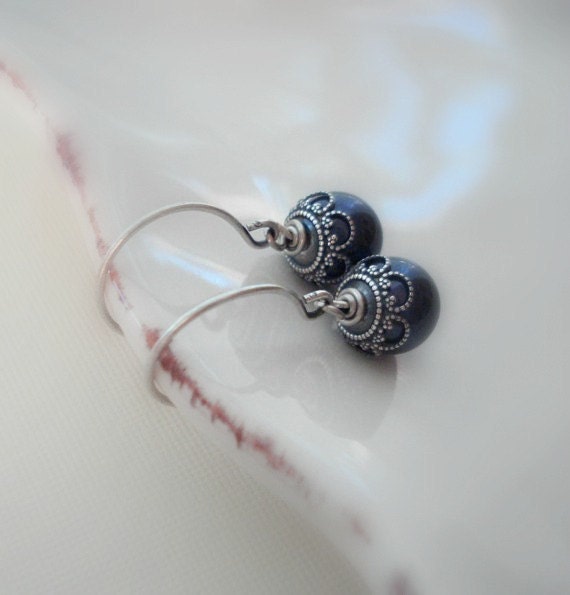 Navy Blue Pearl Silver Earrings. Wedding Jewelry, Drop Earrings, Bridesmaids Earrings, Classic Dangle, Gift For Her Under 25