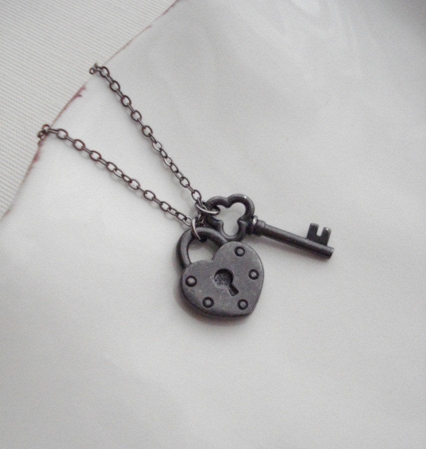 Lock and Key Charms Necklace, Key To My Heart, Black, Gift For Her Under 25, Valentine Day
