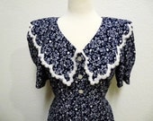 Vintage 80's Dress White Lace Navy Blue Floral Karin Stevens