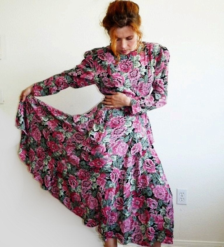 Vintage 80s Party Dress Ruffle - Floral Garden Print Carole Little Size Medium