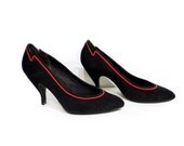 Vintage FANFARESF Black Suede Shoes Red Trim Heels Women 8 1/2 - KMalinkaVintage