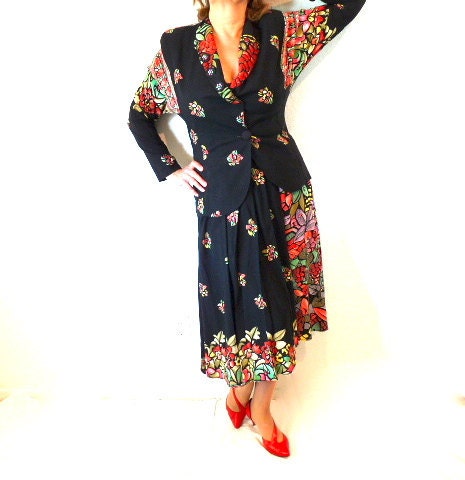 Exquisite Suit COUTURE Marsha for Componix vtg 80s Rhinestones Floral Party  Pin-up wiggle Women M/L