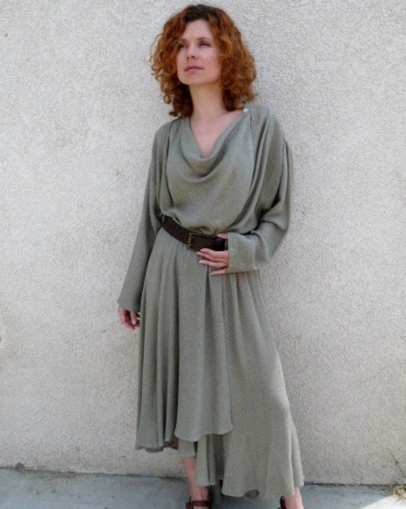 SALE Vintage 60s Linen Dress Asymmetrical Wrap WILD ROSE Olive Green Cowl Draped Neck M Spring fashion