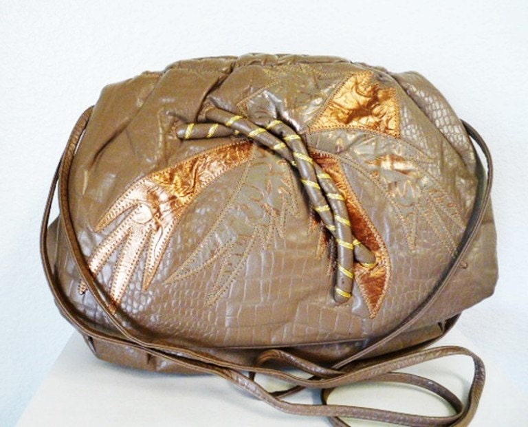 SALE Vintage 80s Genuine Leather Snakeskin Patchwork Handbag PIERRE MISHAEL Beige Golden Large Bag Embroidered Slouchy Hobo