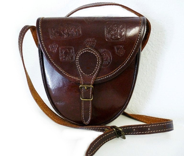 SALE Vintage Carved Inca Signs Symbols Tribal Brown Genuine Leather Shoulder Bag