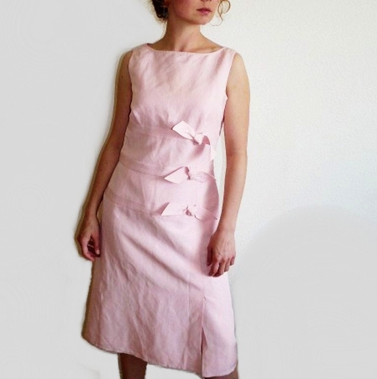 1960s Pink Dress Linen CARLISLE Couture Bow Cocktail Party Dress Small