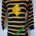 SALE Vintage Sweater Dress navy and yellow striped with large Dandelion fllower pattern. Slouchy Sweater.