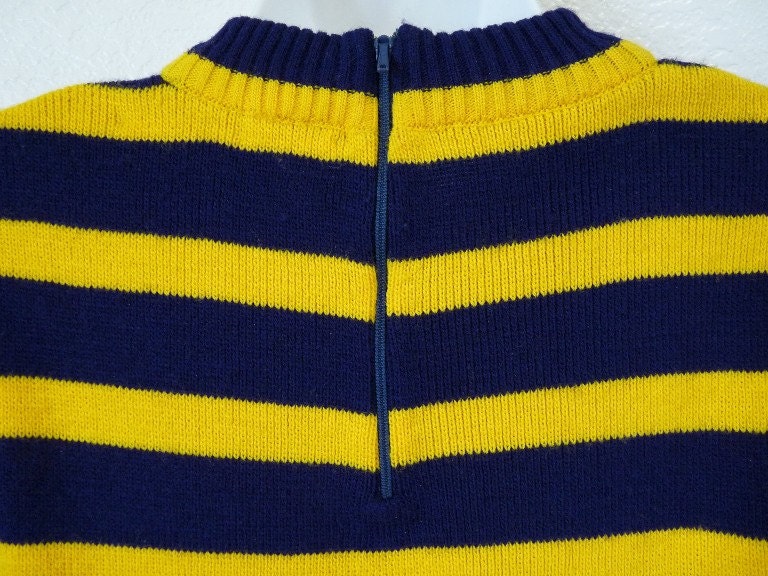 SALE Vintage Sweater Dress navy and yellow striped with large Dandelion fllower pattern. Slouchy Sweater.