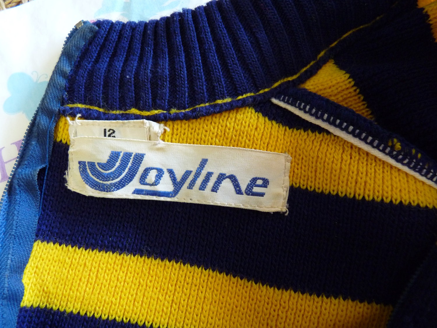 SALE Vintage Sweater Dress navy and yellow striped with large Dandelion fllower pattern. Slouchy Sweater.