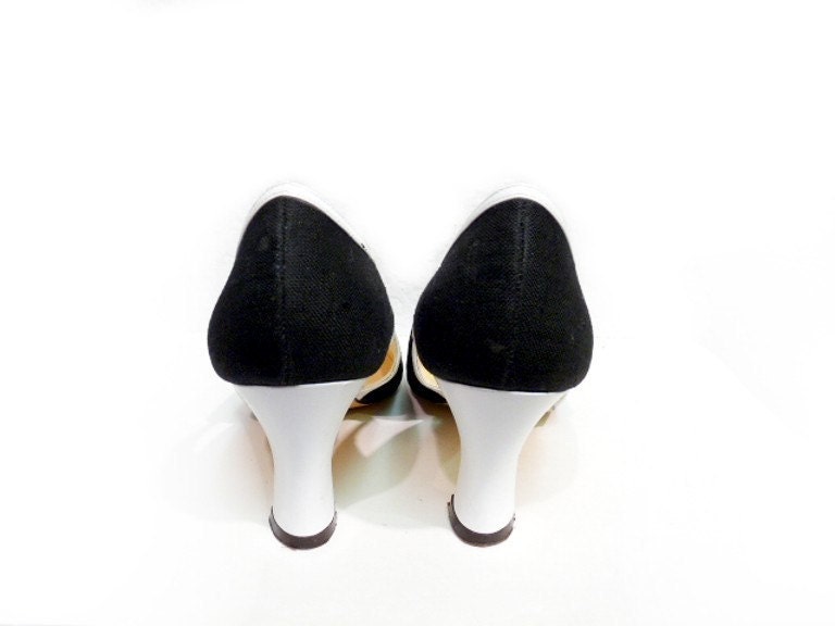 Vintage Black and White Pumps Heels Shoes  with leather trim Women 7.5M