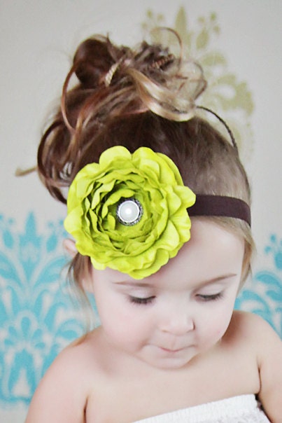 Lime Green Ranunculus Flower with a Vintage Style Button Center on a Brown Headband All Sizes Newborn through Adult  Great Photography Prop