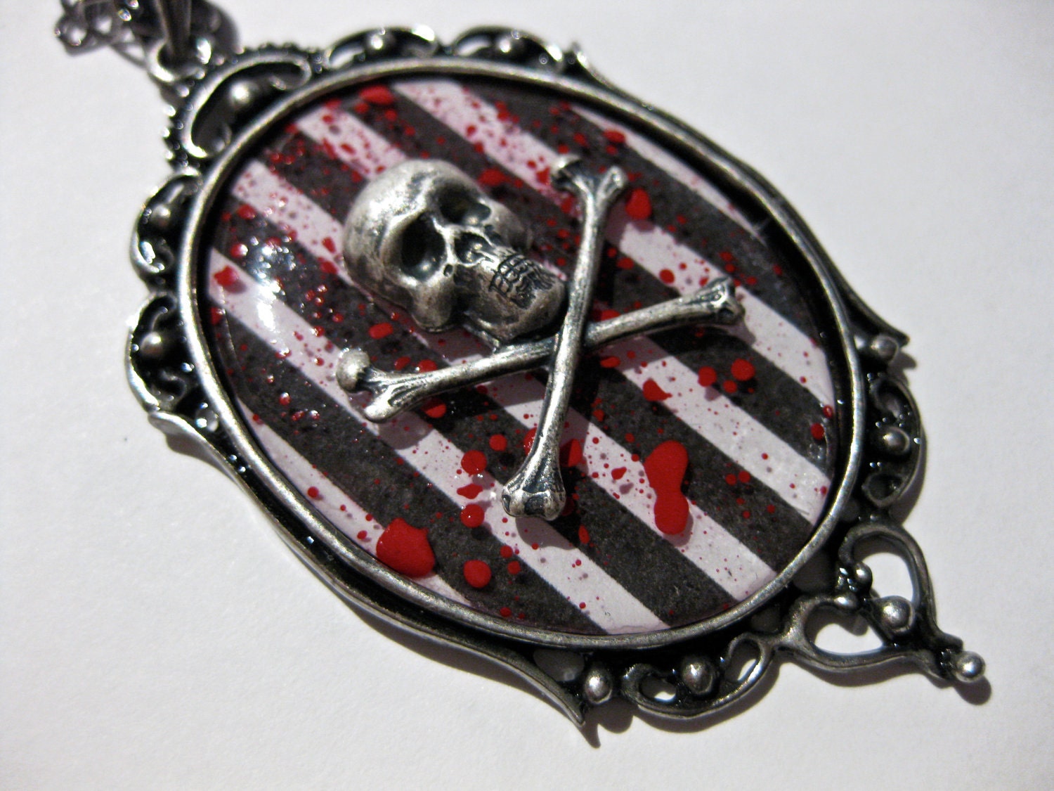 Skull Crossbones Striped Necklace with Blood Splatter
