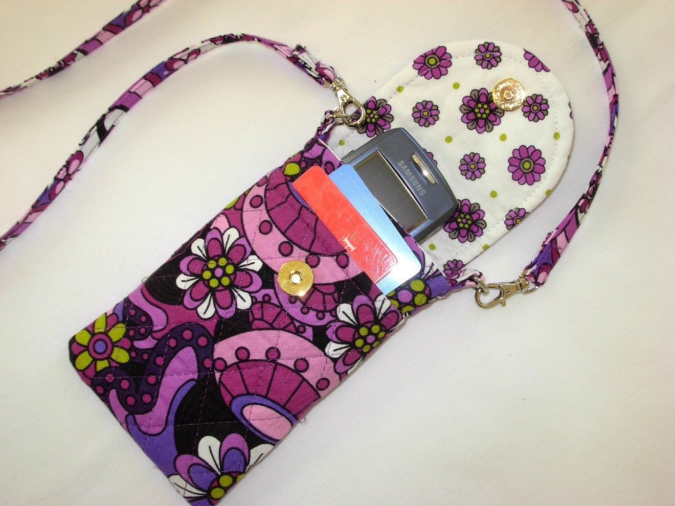Cell Phone Gadget Case Detachable Neck Strap Quilted Designer Fabric Purple Lavender