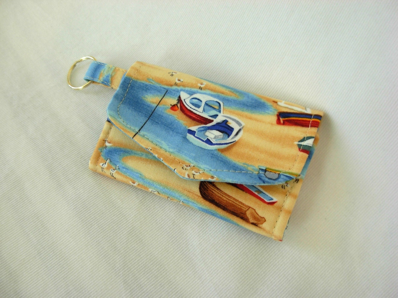 Card Holder Tri Fold Key Ring Beach Theme Fabric Blue Sand