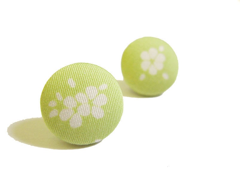 Button Earrings / Clip On Earrings - green floral earrings