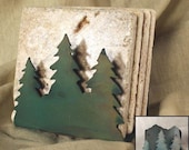 Natural Travertine Stone Coasters w\/ Organic Patina Holder - Trees