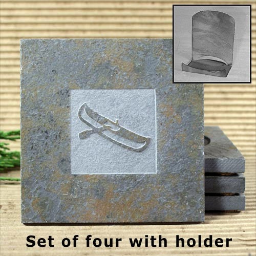Canoe - Real Etched Slate Coaster Set with Holder