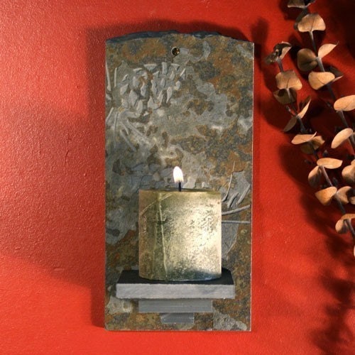 Natural Slate Wall Candle Sconce - Pinecone on Copper Stone