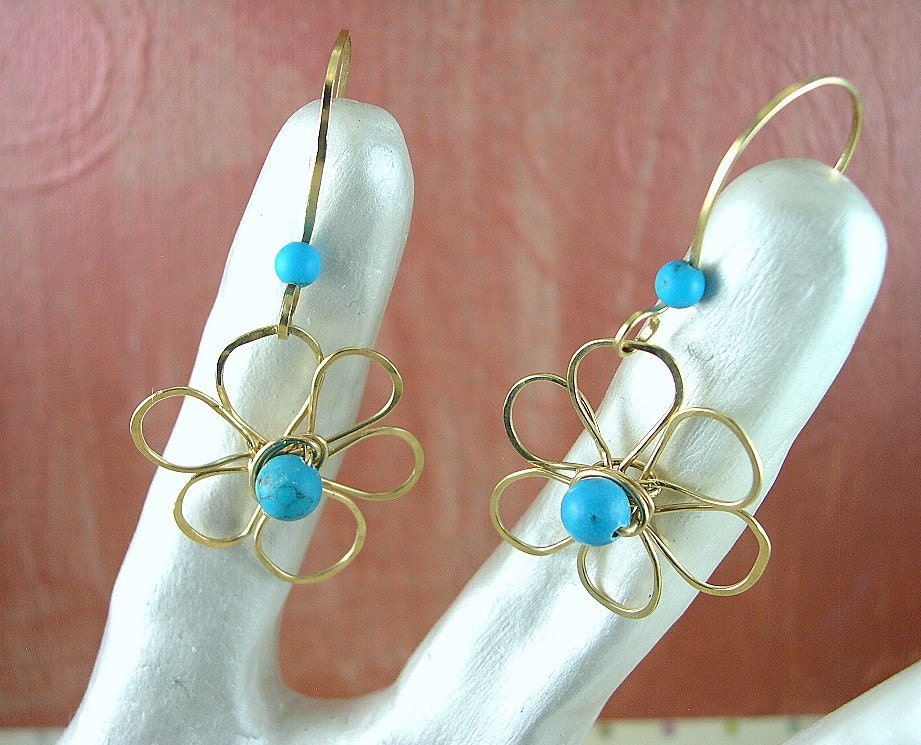 Earrings Howlite Flower Handmade 14K Gold Filled  Wire Wrapped Hand Hammered
