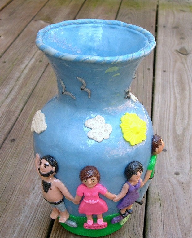 Polymer Clay Vase, Large Vase, Handmade, Glass Vessel with Polymer Clay, Family Tree Vase, Realistic Figurines