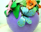 Polymer Clay Vase, Butterflies, Ladybugs and Lily Vase, Glass Vessel with Polymer Clay, Handmade