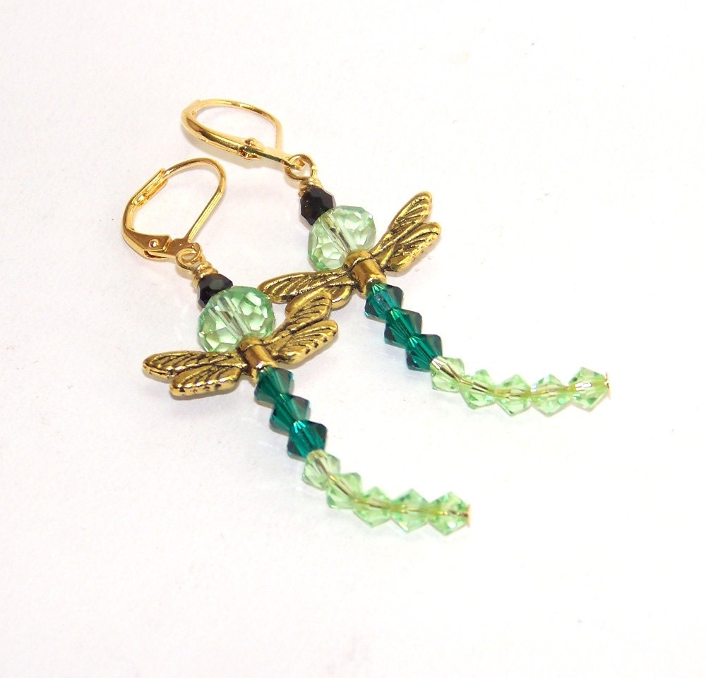 Inventory Clearance Sale. Green Dragonfly Earrings. Swarovski Crystal Gold Insect Earrings.