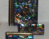 Vintage 80's Rainbow Foil Enameled Handmade Brooch Pin And Earring Set Three Piece Square Rectangle Jewelry