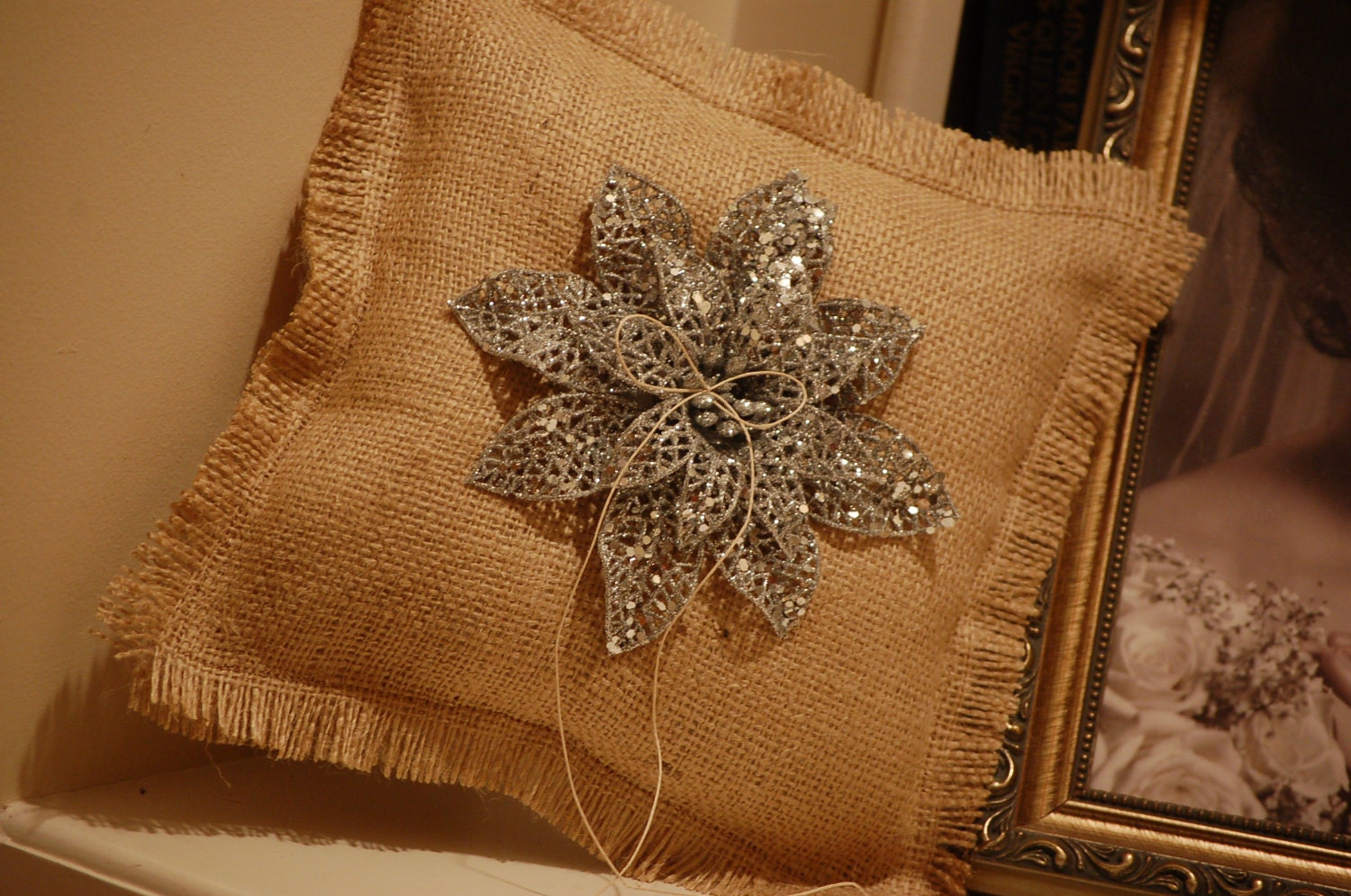 Winter Wedding Burlap Ring Bearer Pillow with Silver Glittered Poinsettia Accent