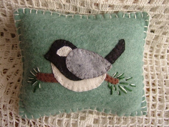 Winter Chickadee - Penny Rug Pillow Pincushion with FREE SHIPPING